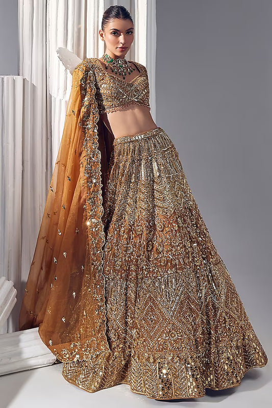 Dark gold net & silk embroidered lehenga set