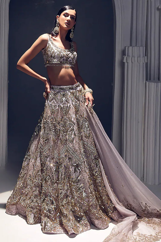 Light lilac net & silk embroidered lehenga set
