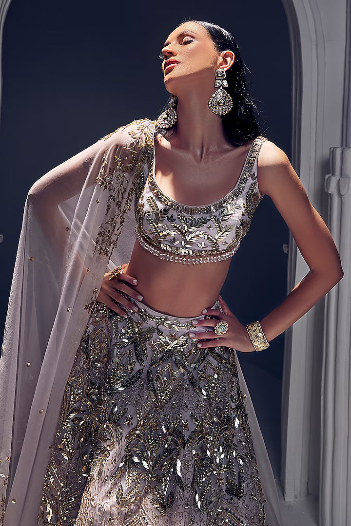 Light lilac net & silk embroidered lehenga set