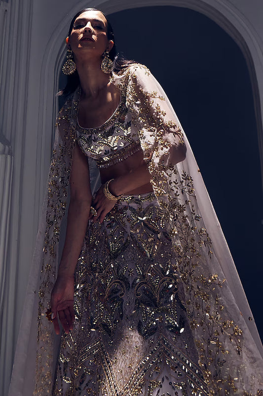 Light lilac net & silk embroidered lehenga set