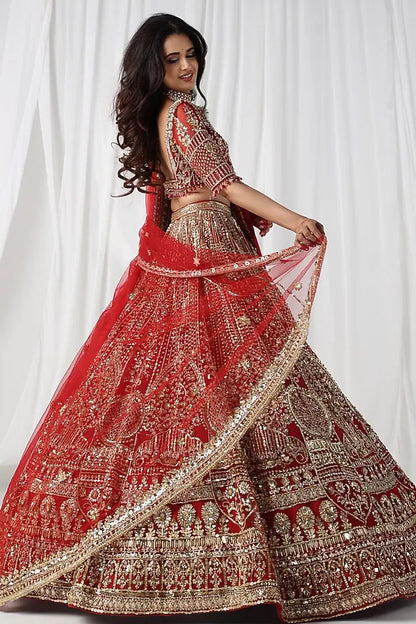 Red Net & Silk Zardosi & Sequins Embroidered Lehenga Set