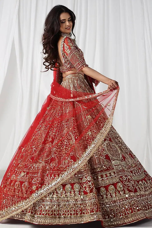 Red Net & Silk Zardosi & Sequins Embroidered Lehenga Set
