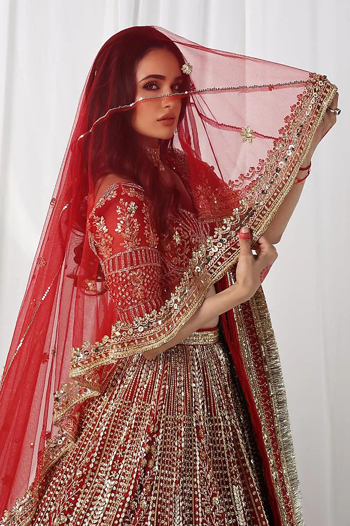 Red Net & Silk Zardosi & Sequins Embroidered Lehenga Set