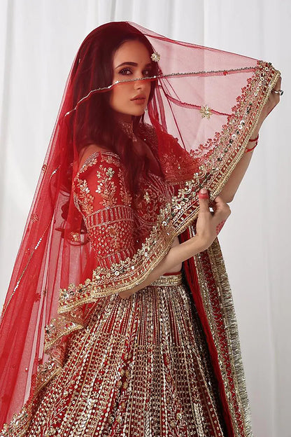 Red Net & Silk Zardosi & Sequins Embroidered Lehenga Set