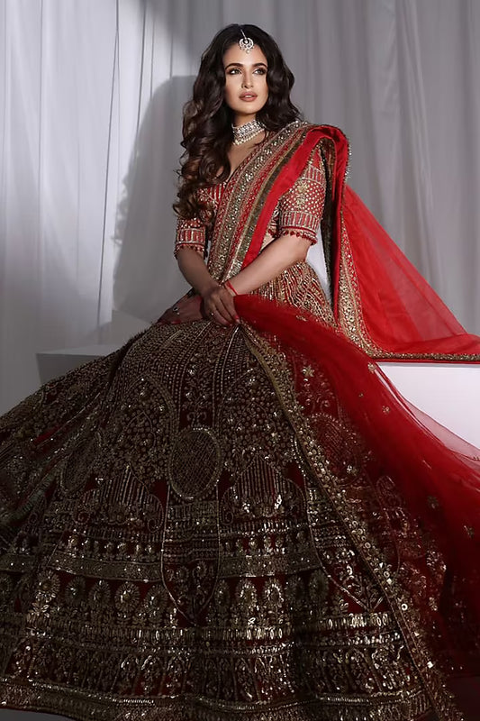 Red Net & Silk Zardosi & Sequins Embroidered Lehenga Set