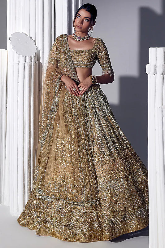 Gold Net & Silk Embroidered Lehenga Set