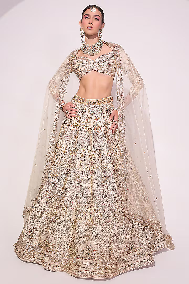 Ivory Raw Silk Crystal & Zardosi Embroidered Lehenga Set