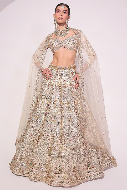 Ivory Raw Silk Crystal & Zardosi Embroidered Lehenga Set