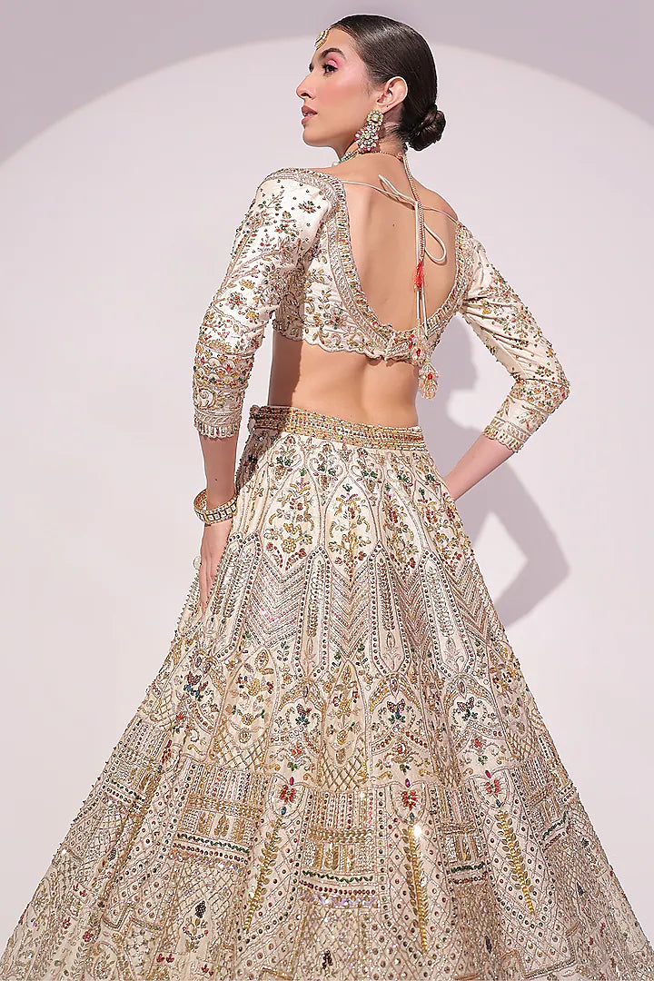 Ivory Raw Silk Crystal & Zardosi Embroidered Lehenga Set