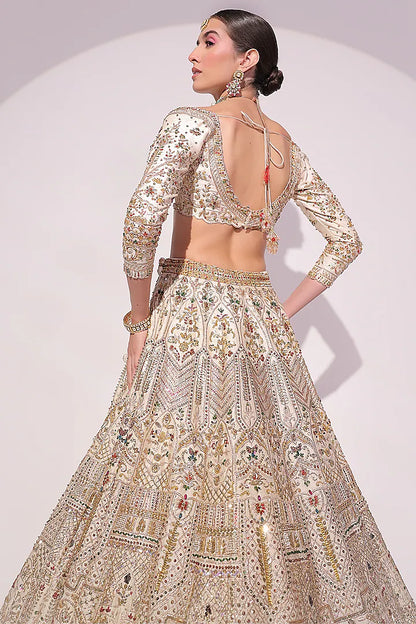 Ivory Raw Silk Crystal & Zardosi Embroidered Lehenga Set