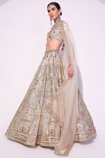 Ivory Raw Silk Crystal & Zardosi Embroidered Lehenga Set