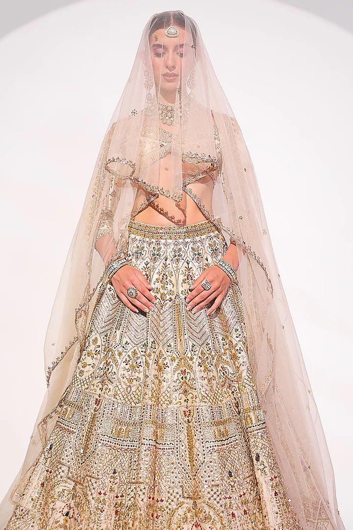 Ivory Raw Silk Crystal & Zardosi Embroidered Lehenga Set