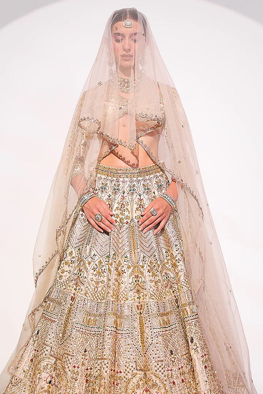 Ivory Raw Silk Crystal & Zardosi Embroidered Lehenga Set
