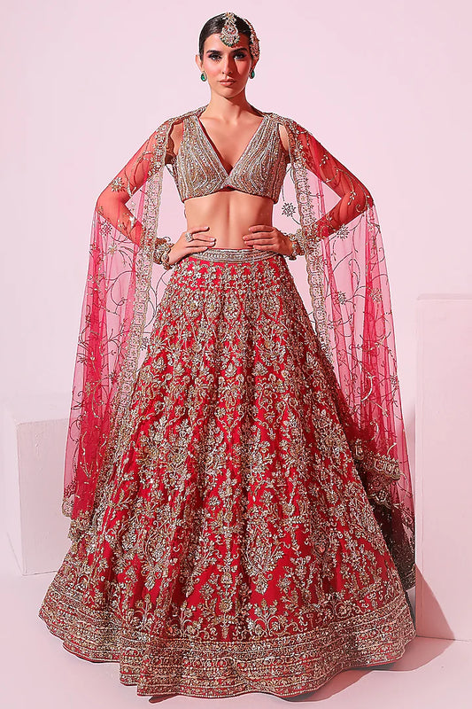 Hot Pink Net Pearl & Sequins Embroidered Lehenga Set