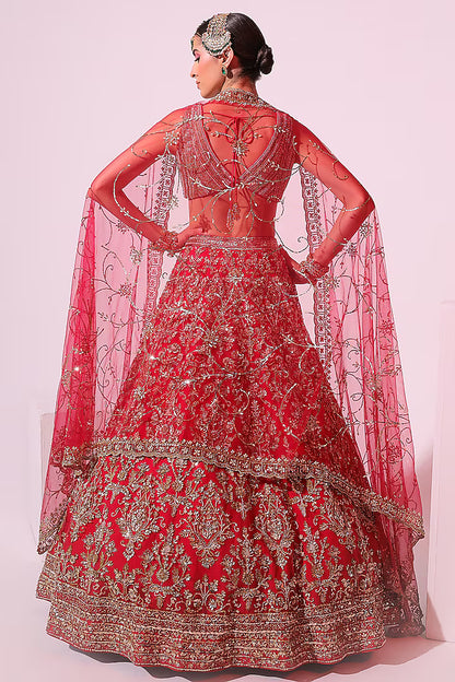 Hot Pink Net Pearl & Sequins Embroidered Lehenga Set
