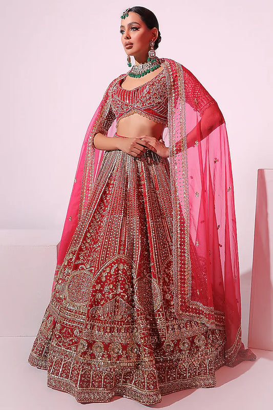 Rani Pink Velvet Crystal & Sequins Embroidered Lehenga set