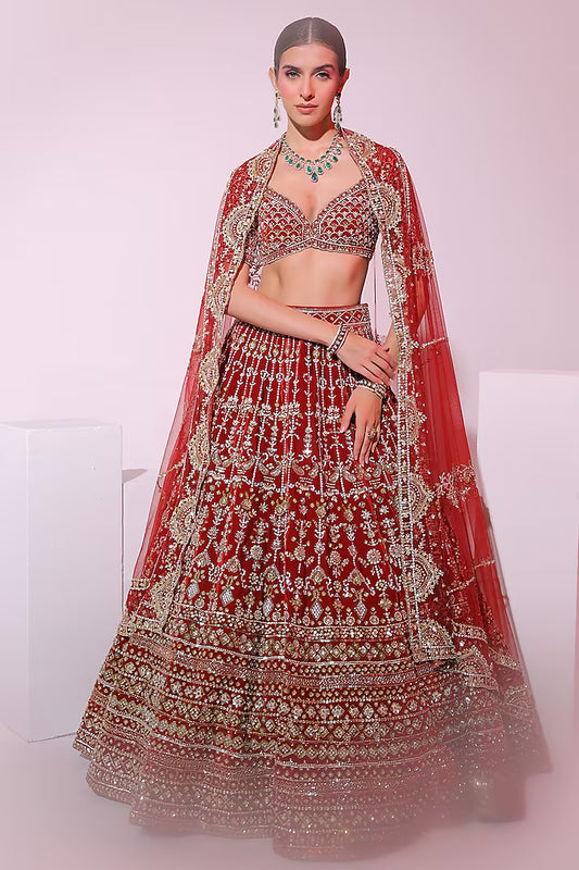 Maroon Velvet Crystal & Sequins Embroidered Lehenga set