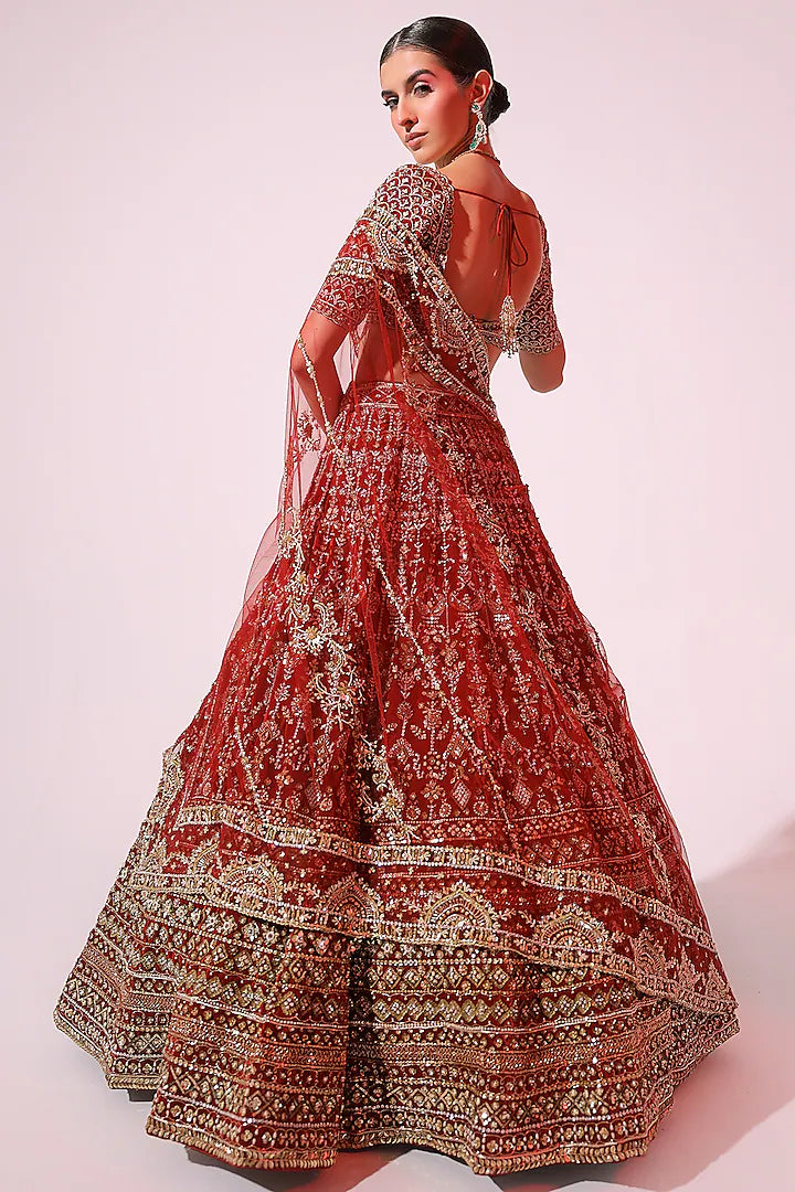 Maroon Velvet Crystal & Sequins Embroidered Lehenga set