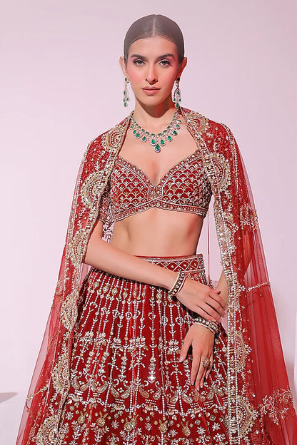 Maroon Velvet Crystal & Sequins Embroidered Lehenga set