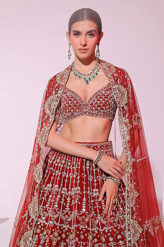 Maroon Velvet Crystal & Sequins Embroidered Lehenga set