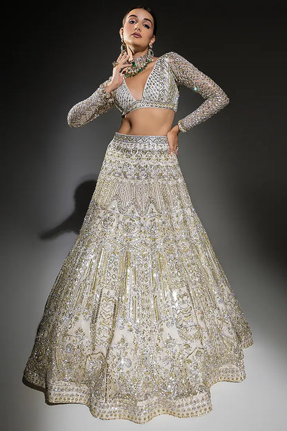 Ivory Net Sequins Embroidered Lehenga Set