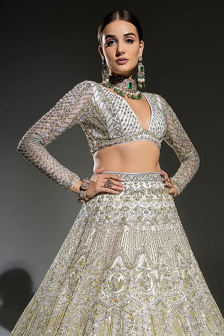 Ivory Net Sequins Embroidered Lehenga Set