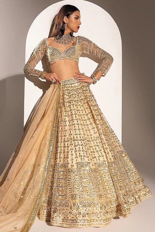 Peach Net Sequins Hand Embellished Lehenga Set