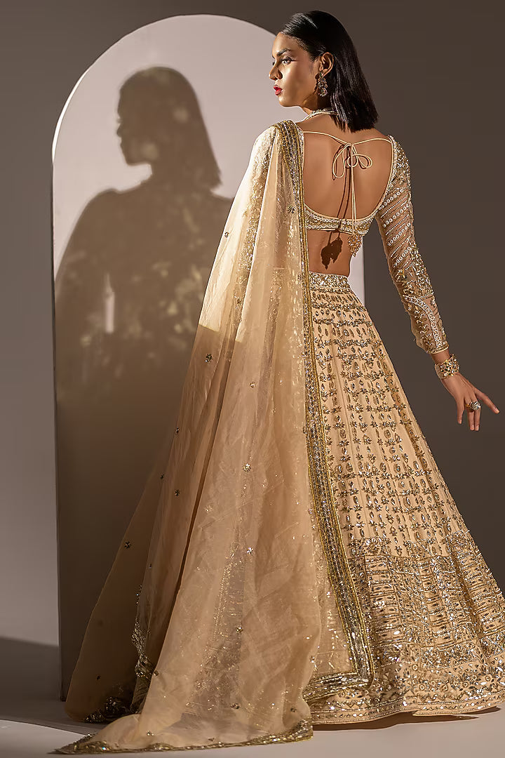 Peach Net Sequins Hand Embellished Lehenga Set