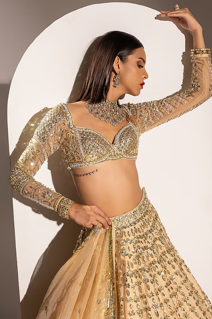 Peach Net Sequins Hand Embellished Lehenga Set