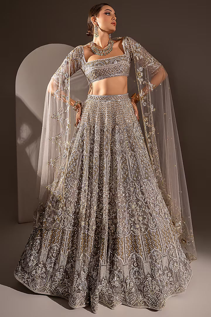 Grey Net Crystal & Pearl Work Lehenga Set