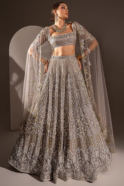 Grey Net Crystal & Pearl Work Lehenga Set