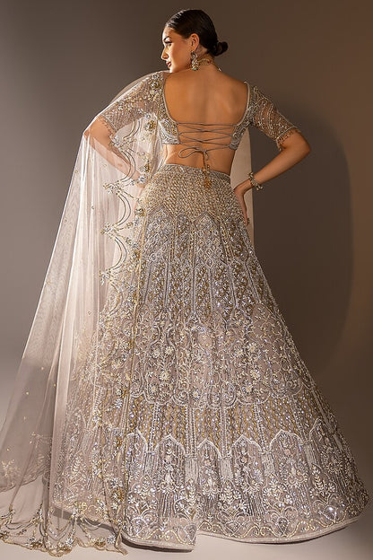 Grey Net Crystal & Pearl Work Lehenga Set