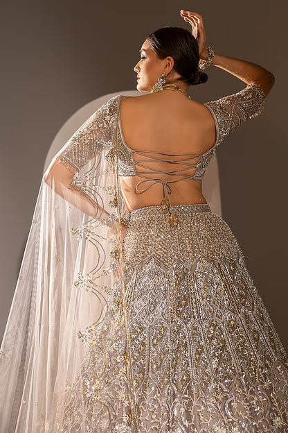 Grey Net Crystal & Pearl Work Lehenga Set