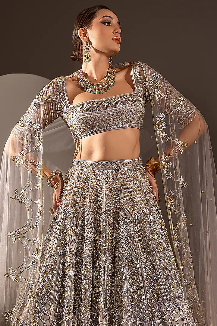 Grey Net Crystal & Pearl Work Lehenga Set