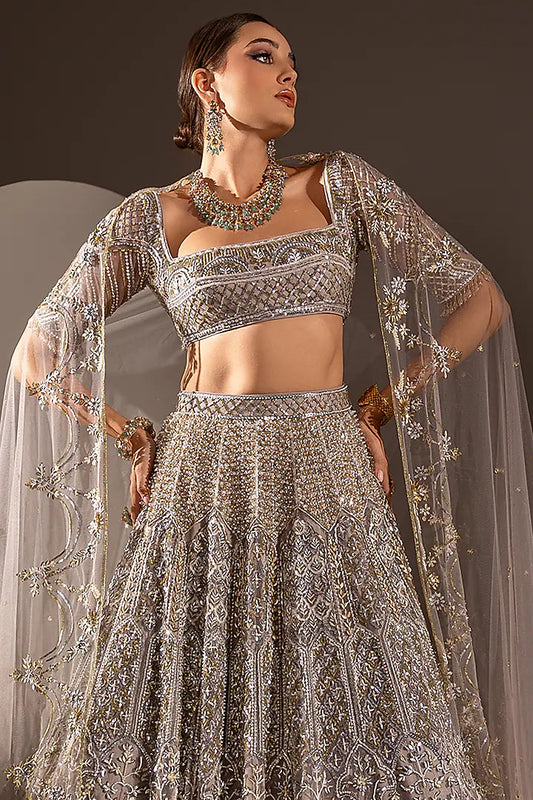 Grey Net Crystal & Pearl Work Lehenga Set