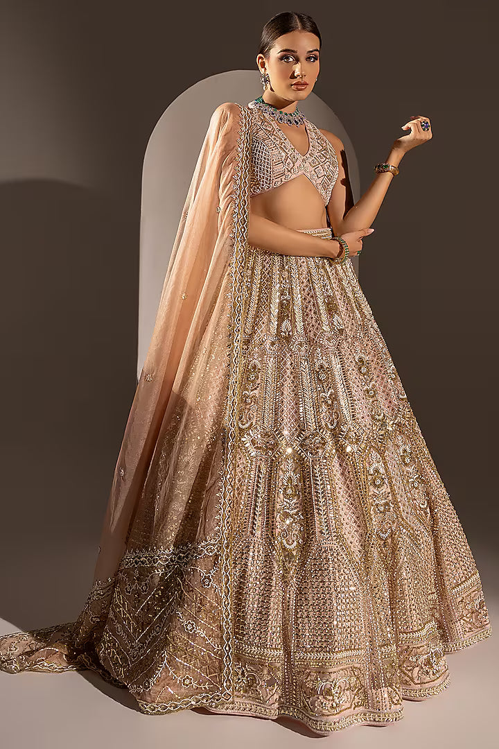 Powder Pink Net Sequins & Zari Embroidered Lehenga Set