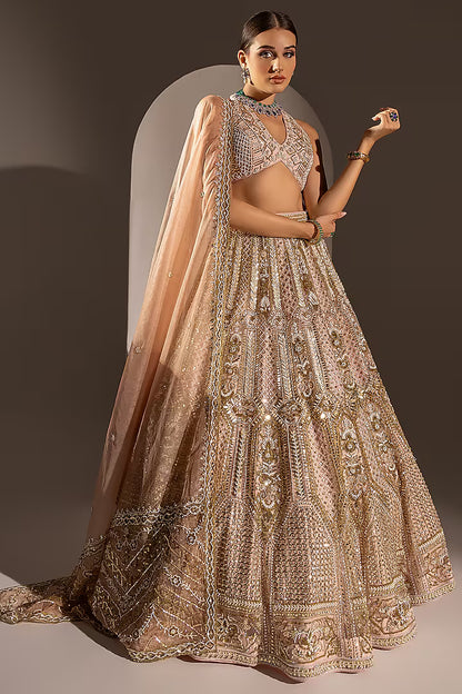 Powder Pink Net Sequins & Zari Embroidered Lehenga Set