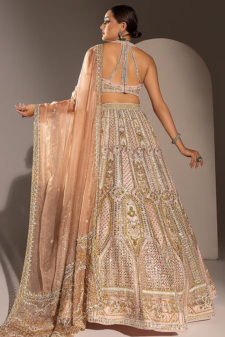 Powder Pink Net Sequins & Zari Embroidered Lehenga Set