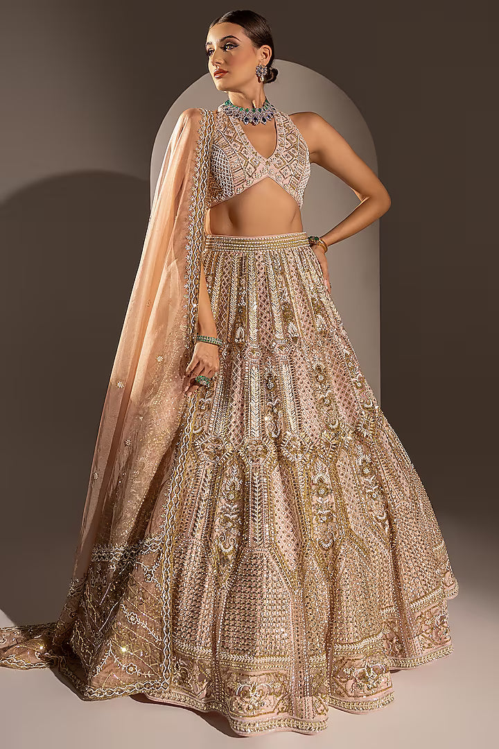Powder Pink Net Sequins & Zari Embroidered Lehenga Set