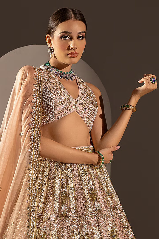 Powder Pink Net Sequins & Zari Embroidered Lehenga Set
