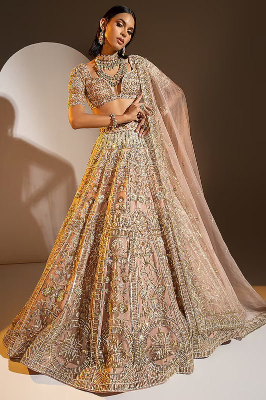 Blush Pink Net Sequins & Pearl Embroidered Lehenga Set