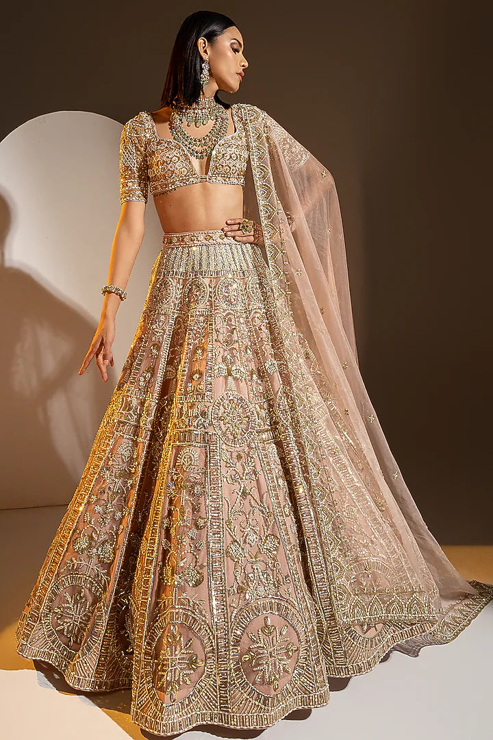 Blush Pink Net Sequins & Pearl Embroidered Lehenga Set