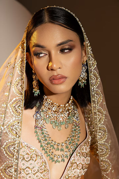 Blush Pink Net Sequins & Pearl Embroidered Lehenga Set