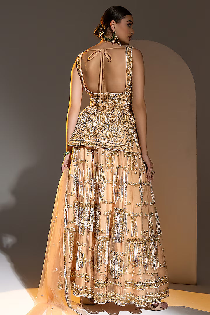 Peach Net Sequins & Pearl Embroidered Palazzo Pant Set