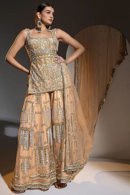 Peach Net Sequins & Pearl Embroidered Palazzo Pant Set