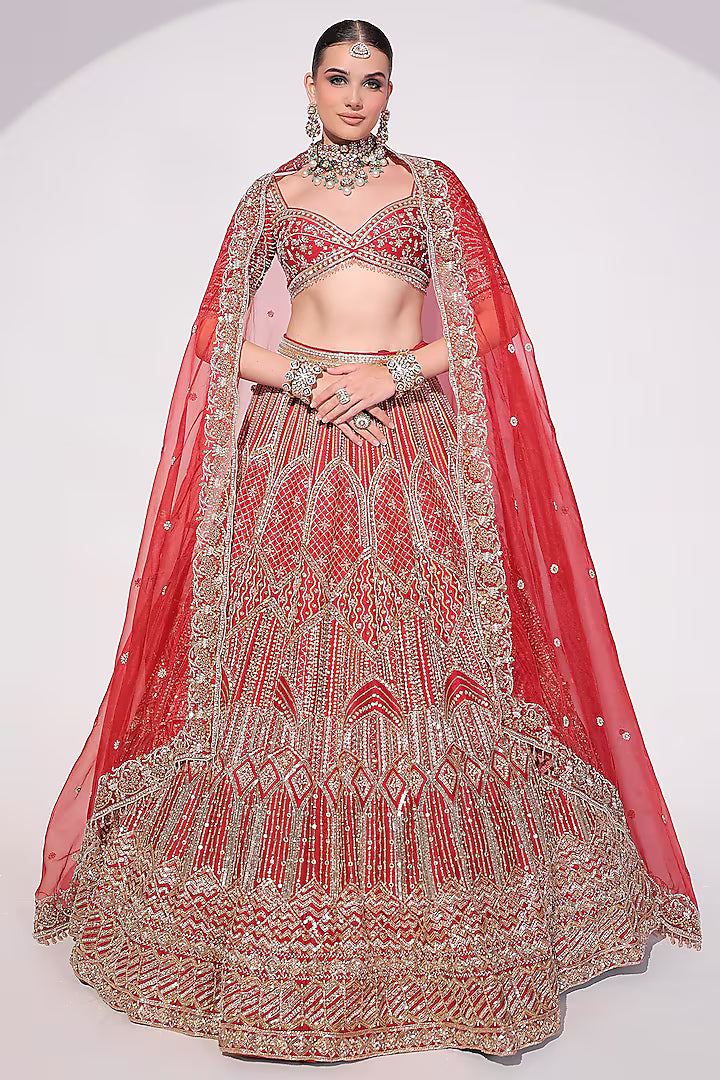 Deep Red Raw Silk Sequins & Zardosi Embroidered Lehenga Set