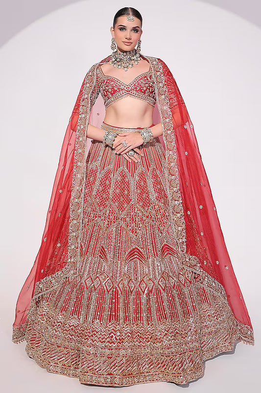 Deep Red Raw Silk Sequins & Zardosi Embroidered Lehenga Set