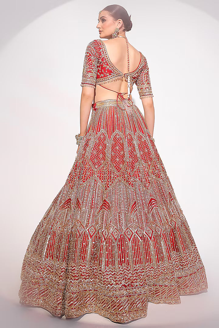 Deep Red Raw Silk Sequins & Zardosi Embroidered Lehenga Set