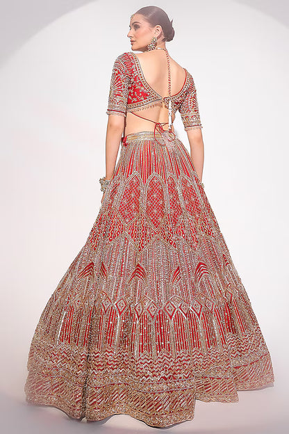 Deep Red Raw Silk Sequins & Zardosi Embroidered Lehenga Set