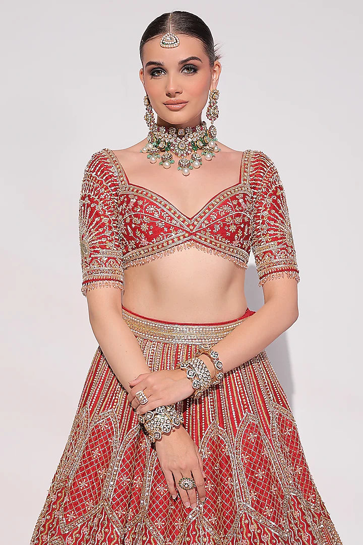 Deep Red Raw Silk Sequins & Zardosi Embroidered Lehenga Set